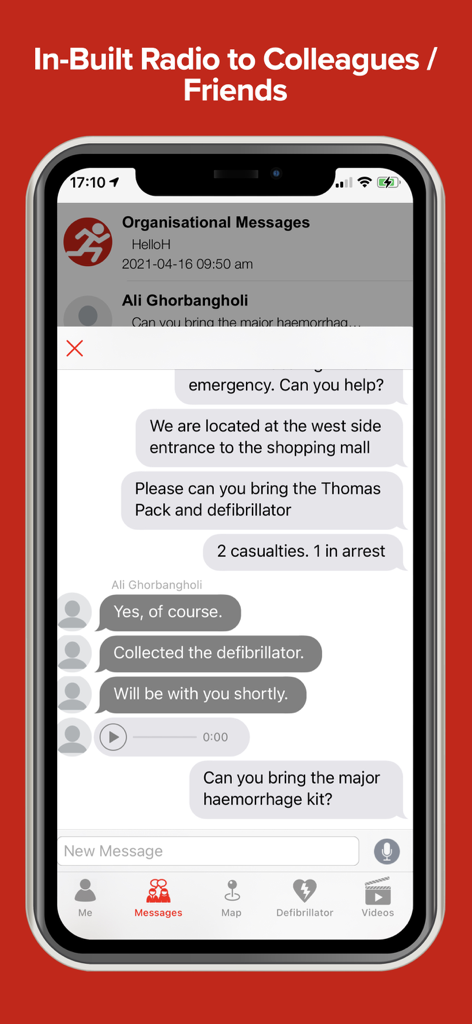 GoodSAM Responder - Emergency messaging interface in the GoodSAM Responder app for coordinating first responders