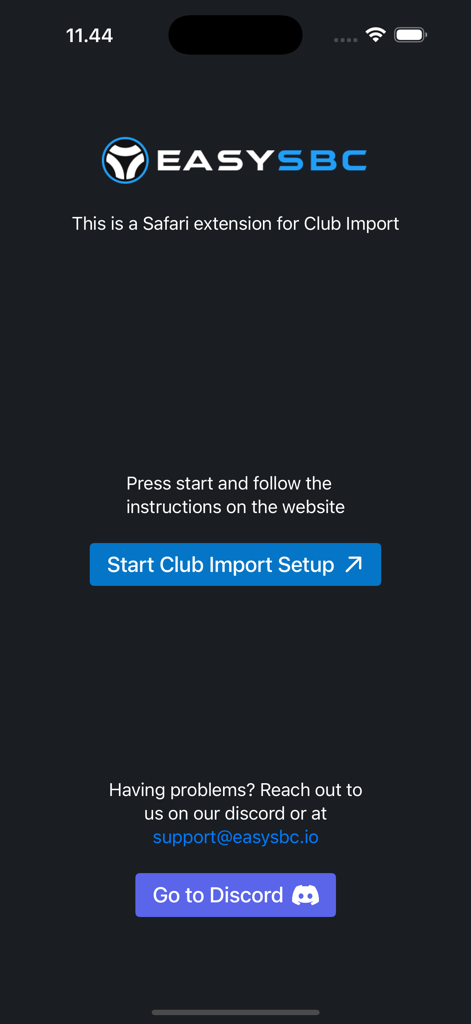 Club Import - Start Club Import Setup screen for the EasySBC Safari extension