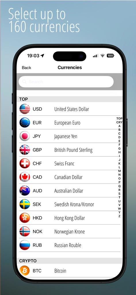 Currency selection screen showing a list of over 160 world currencies and cryptocurrencies like Bitcoin