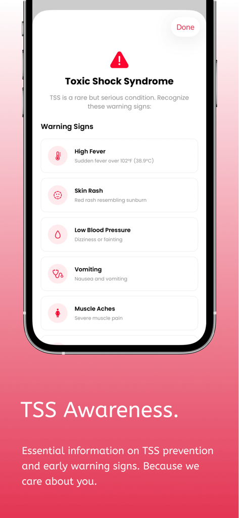 Tampon Timer - Period Tracker - Educational screen from the Tampon Timer app listing warning signs for Toxic Shock Syndrome including high fever and skin rash.