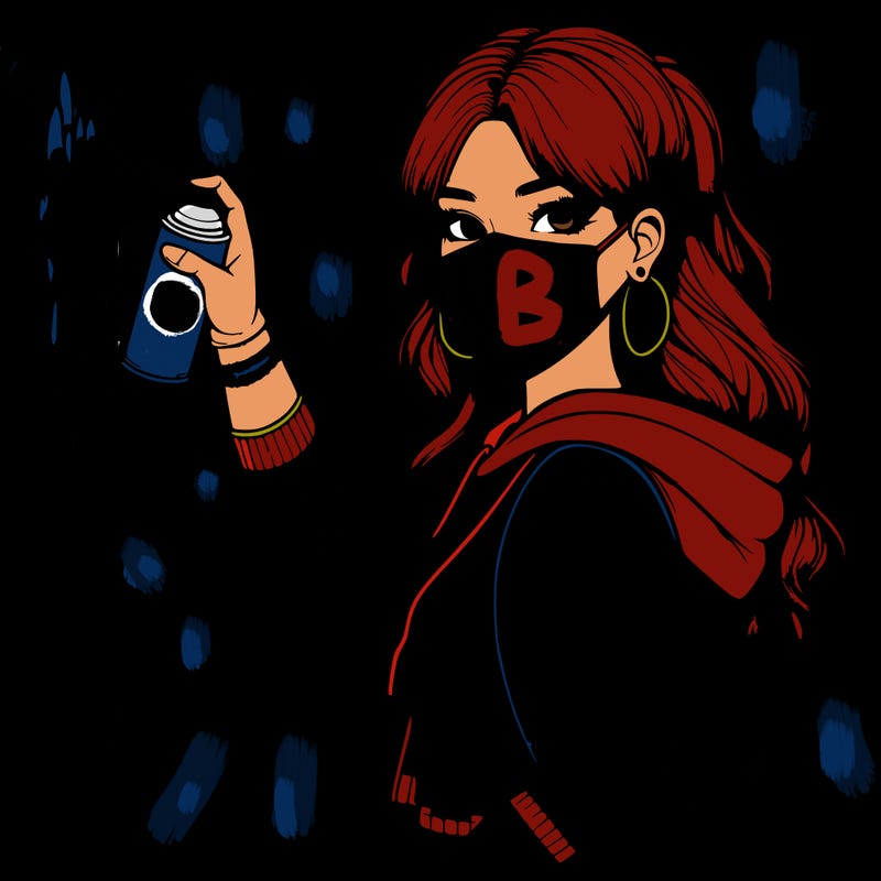 realistic girl with mask spray painting a wall