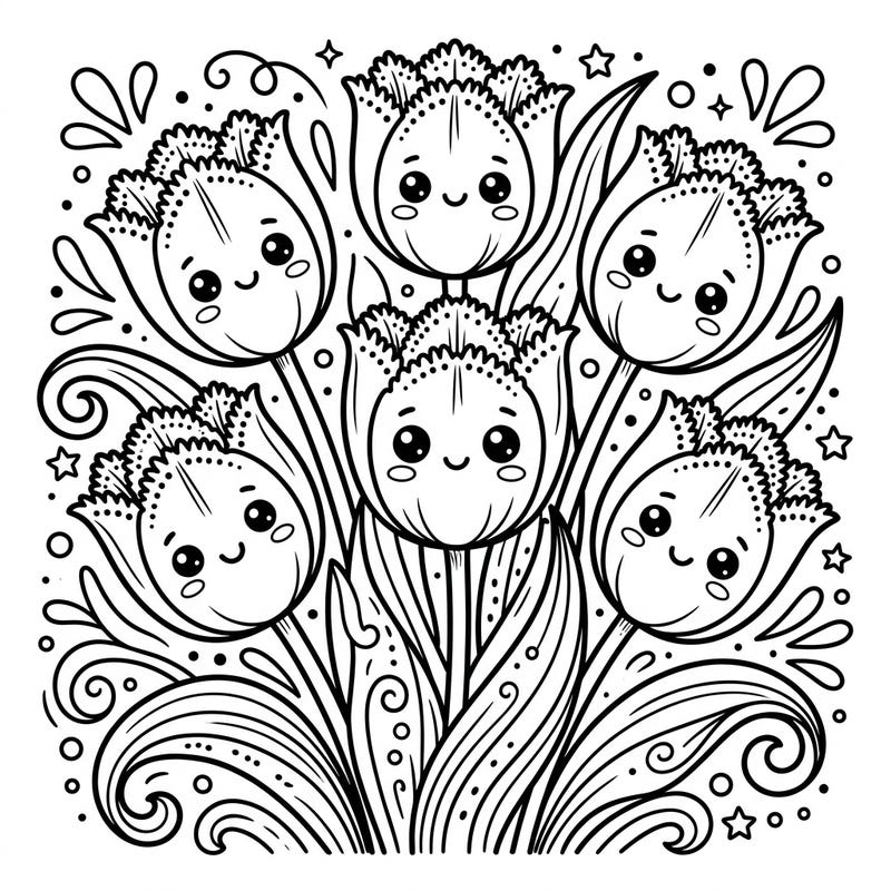 Discover the delightful charm of our Kawaii Fringed Tulips coloring page, featuring sweet-faced flowers with ruffled petals. This adorable design promises a joyful and relaxing coloring experience for everyone.