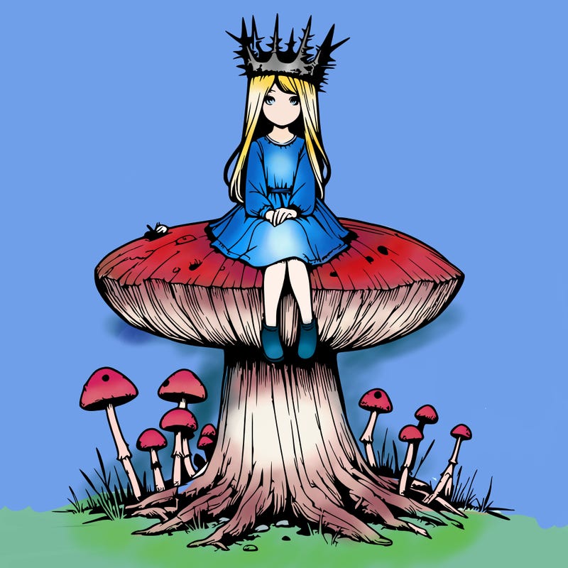 realistic girl sitting on a huge tree stump size toadstool with thorn crown