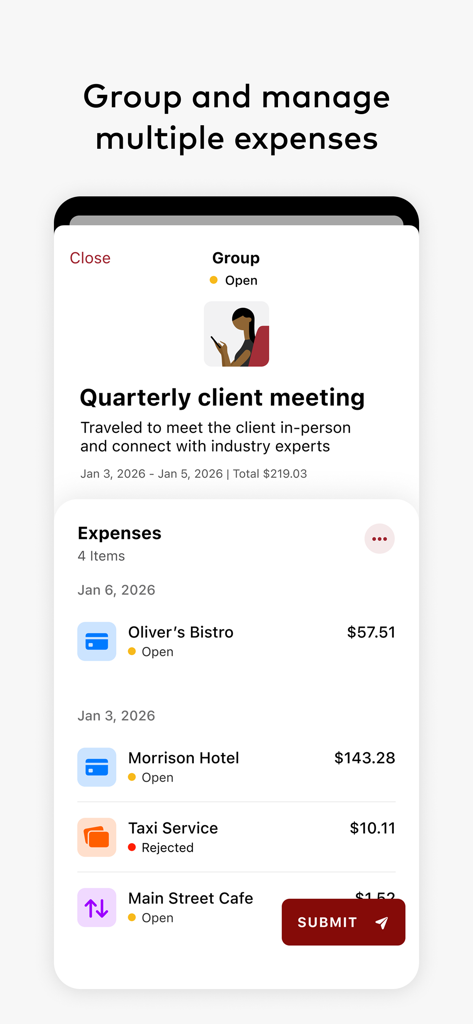 Smart Data - Mobile screen of Smart Data by Mastercard showing grouped business expenses for a client meeting with a submit button
