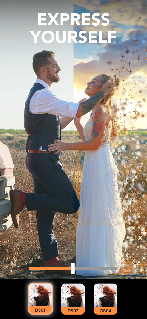 A split screen demonstration of the Motionleap app showing a couple photo being edited with a magical sparkle dispersion effect.