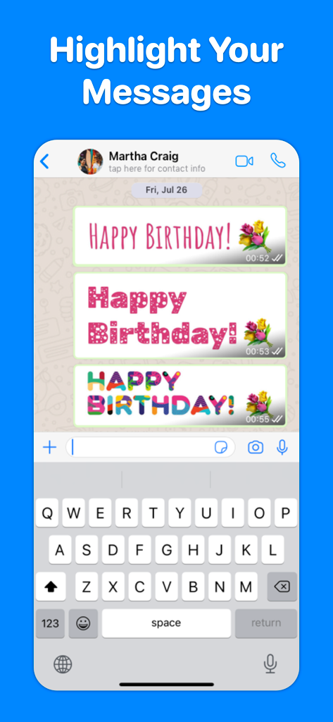 Fonts for Stories and Chats - Mobile screen showing various artistic font styles for a happy birthday message in a chat conversation