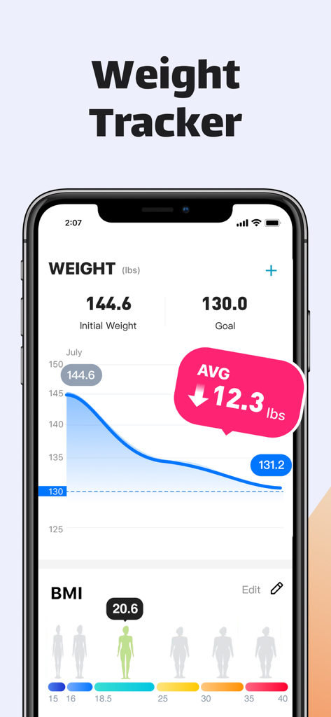 Weight tracker screen with progress graph and BMI indicator in the fitness app