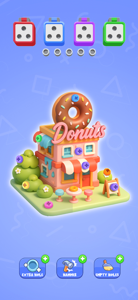 Capture d'écran du gameplay montrant un puzzle 3D de donut shop avec des vis colorées et diverses icônes de power-up dans Cube Unpuzzle.