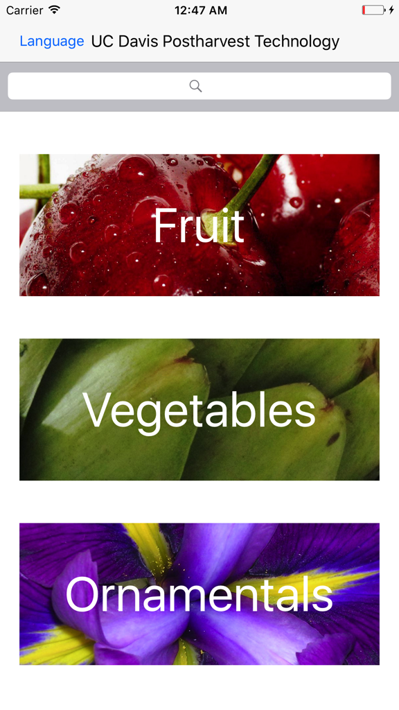 Produce Facts - Main screen of the Produce Facts app showing categories for Fruit Vegetables and Ornamentals