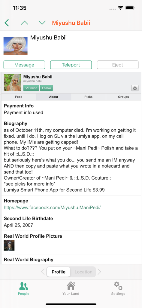 Second Lifeアバターの詳細なユーザープロファイルを表示するSL Notifierアプリ画面