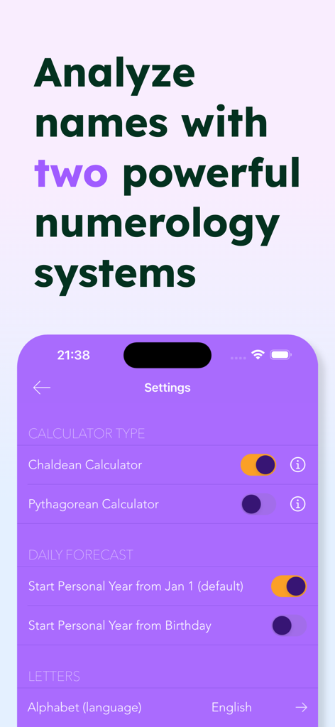 Pocket Numerology Pro - Pocket Numerology Pro settings screen showing options to toggle between Chaldean and Pythagorean numerology systems.