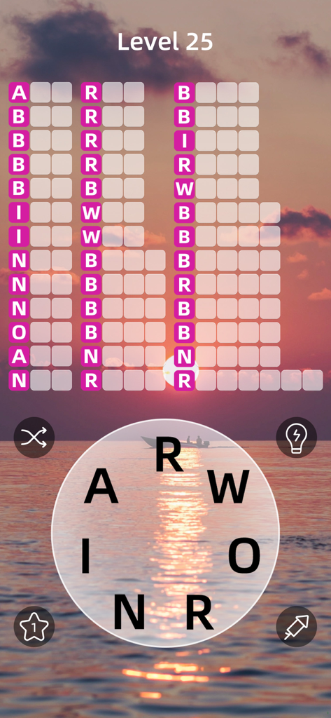 Zen Word puzzle gameplay featuring uncrossed word lists and a sunset ocean background