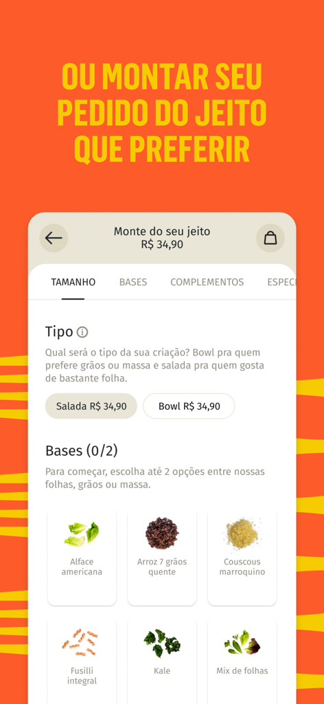 Olga Ri + Hi Pokee - Customization screen in the Olga Ri and Hi Pokee app allowing users to choose ingredients for their personalized salad or poke bowl.