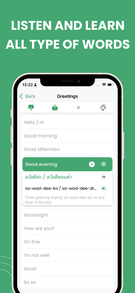 Learn Thai -Travel Phrasebook - Mobile app screen showing Thai greetings with translations and audio playback options