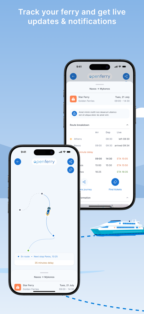 Openferry: Ferry Tickets - Interfaccia dell'app Openferry che visualizza il tracciamento live del traghetto e aggiornamenti degli orari in tempo reale.