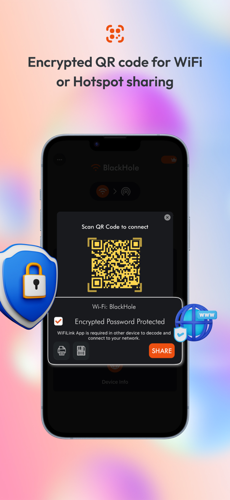 WifiLink: Share WiFi - Pantalla de smartphone que muestra un código QR encriptado para compartir WiFi y hotspots de forma segura con un icono de escudo protector.