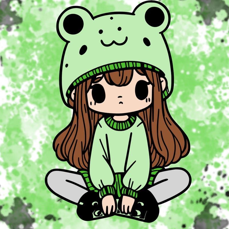 a girl wearing a frog hat and some frog socks
