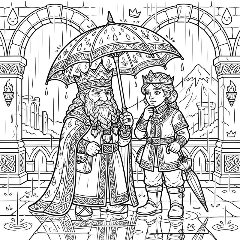 Immerse yourself in a fantasy realm with this enchanting coloring page featuring a regal Dwarf King and Queen on a rainy day. Discover intricate details and bring this majestic scene to vibrant life.