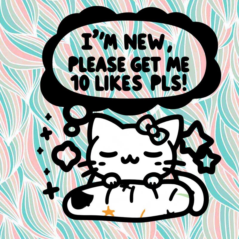 kitty taking a nap dream talking and saying "i'm new, please get me at least 10 likes pls!!"