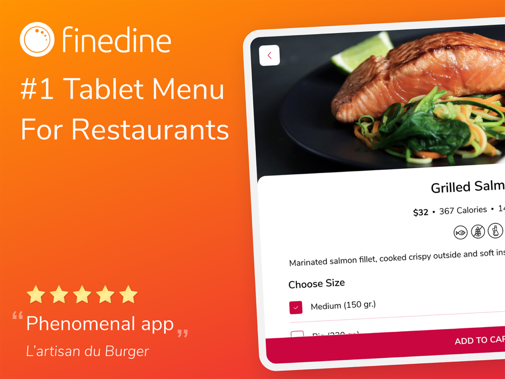 FineDine Tablet Menu App - FineDine digital menu app for restaurants showing a salmon dish on a tablet with a five-star review.
