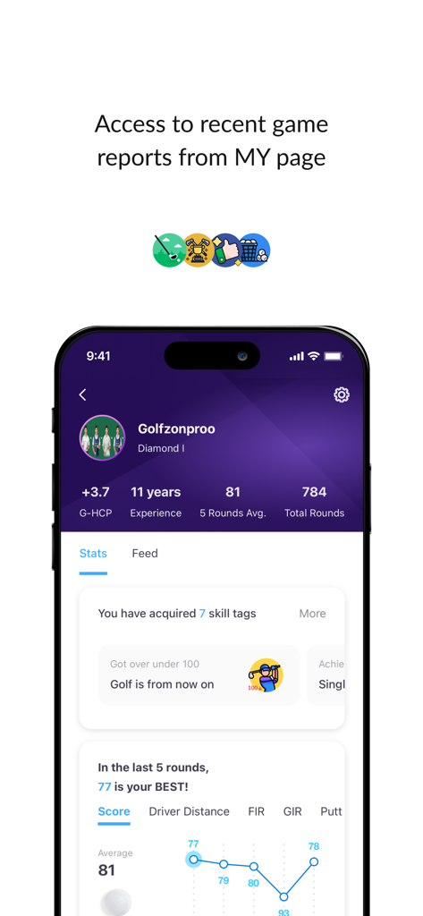 GOLFZON Global app screen showing a user profile with golf statistics, handicap, and game reports.