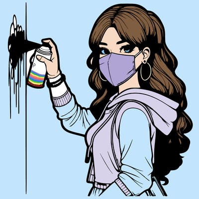 realistic girl with mask spray painting a wall