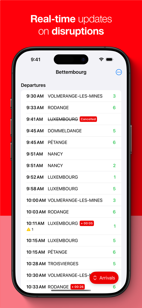 iPhone-Bildschirm, der die BH-Zugfahrplan-App mit Echtzeit-Abfahrtsaktualisierungen und Störungswarnungen anzeigt