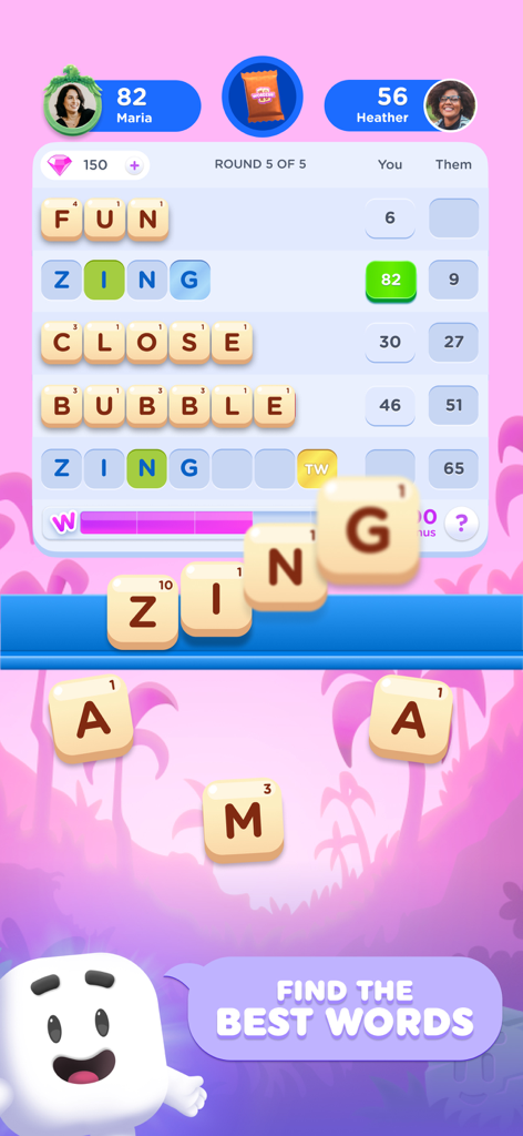 Wordzee! - Puzzle Word Game - Wordzeeのゲームプレイインターフェイス。レタスタイルとスコアボードを備えたソーシャルマッチを表示しています。