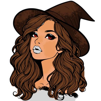 realistic witch girl with wavy hair and lips