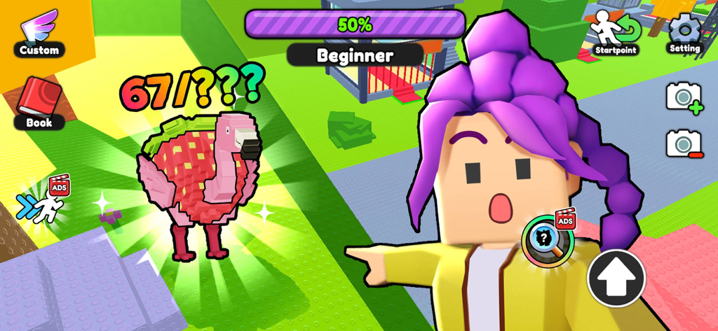 Find it: Brainrots Mod explore - Un personaje de bloques señala una criatura flamenco de fresa en un mundo colorido