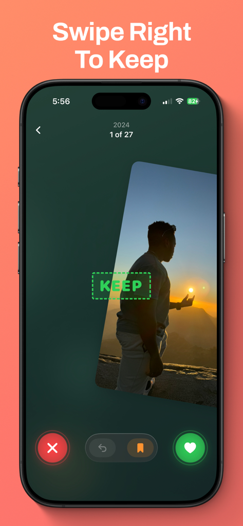 Tidy Cam - Swipe Delete Photos - Tidy Cam app screen demonstrating swipe right gesture to keep a photo