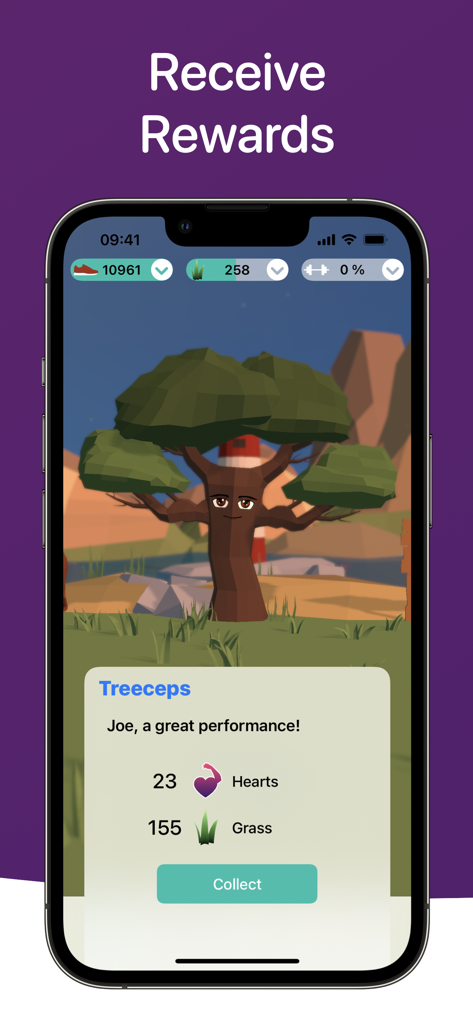 Treeceps: Fitness Workout Game - Treeceps app screen showing fitness rewards of hearts and grass with a 3D animated tree character