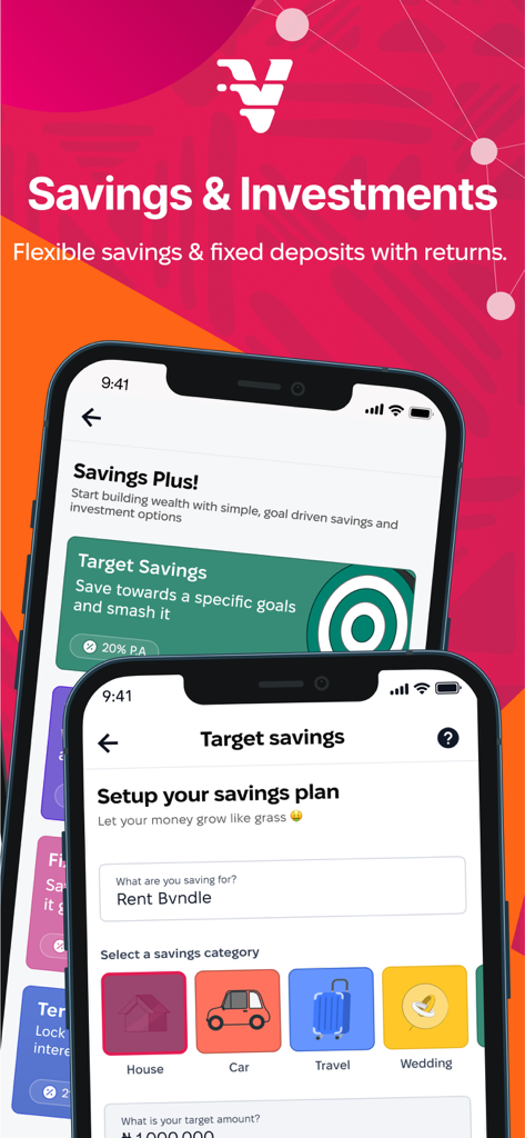 V by VFD - Digital banking app screens showing target savings plans and investment options for V by VFD