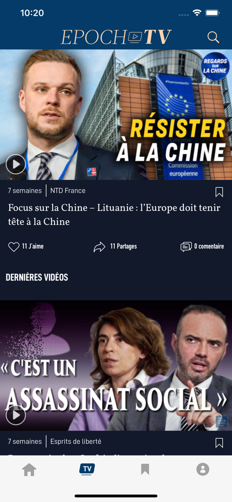 Epoch TV section of the Epoch Times French app showing political news videos