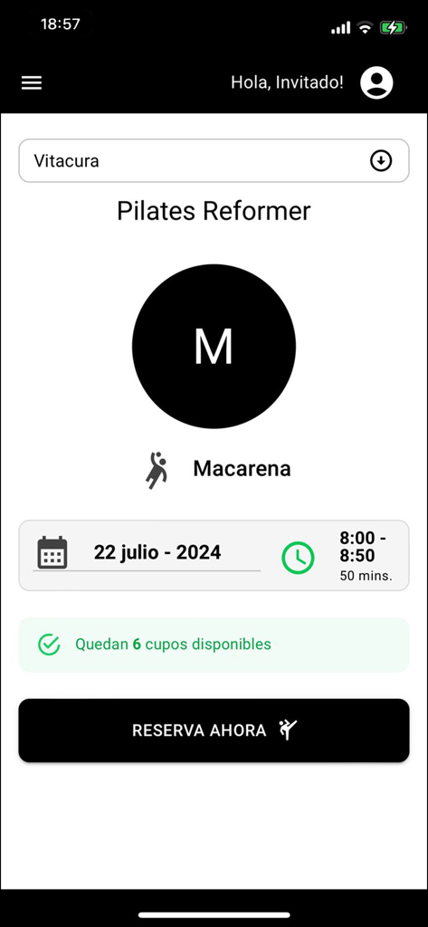 Espacio Pilates - Interface of the Espacio Pilates app displaying details and a booking button for a Reformer class with instructor Macarena.