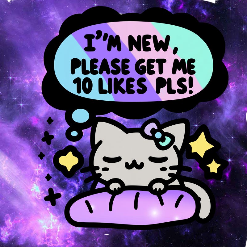 kitty taking a nap dream talking and saying "i'm new, please get me at least 10 likes pls!!"