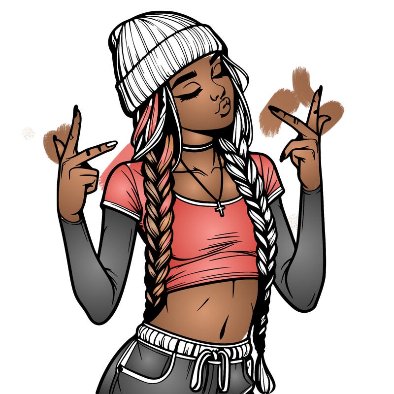 realistic teenage girl with braids and a beanie and crop top doing 🫶🏼
