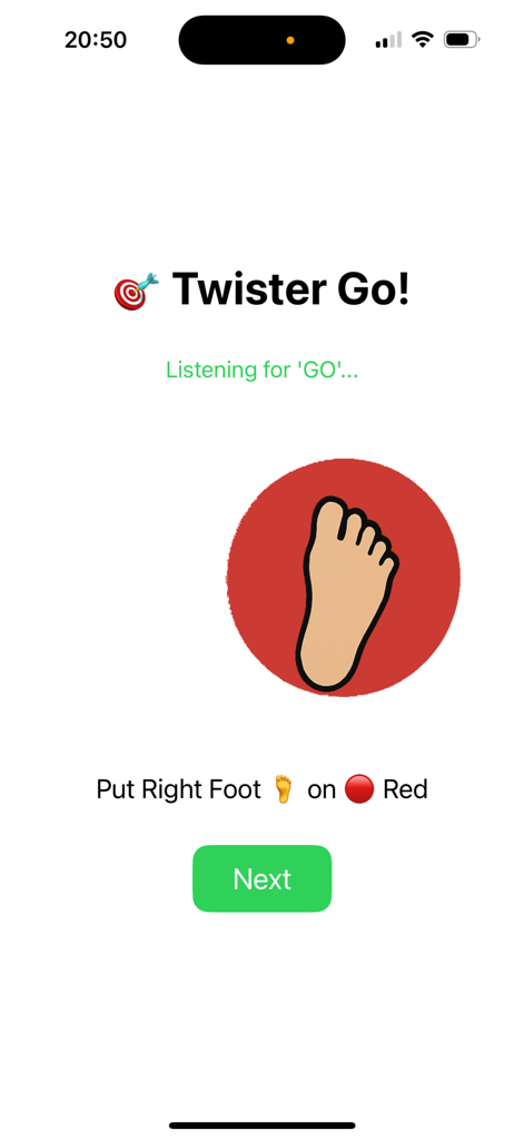 TwistGO - TwistGO app screen showing a voice activated instruction to put right foot on red