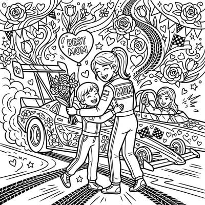 Rev up your creativity with this thrilling Mother's Day coloring page, featuring a heartwarming scene of drag racers celebrating Mom. Perfect for honoring the fastest, most loving mother in your life with a splash of color!