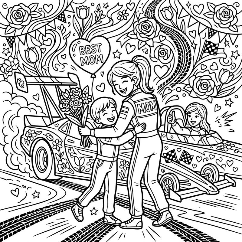 Rev up your creativity with this thrilling Mother's Day coloring page, featuring a heartwarming scene of drag racers celebrating Mom. Perfect for honoring the fastest, most loving mother in your life with a splash of color!