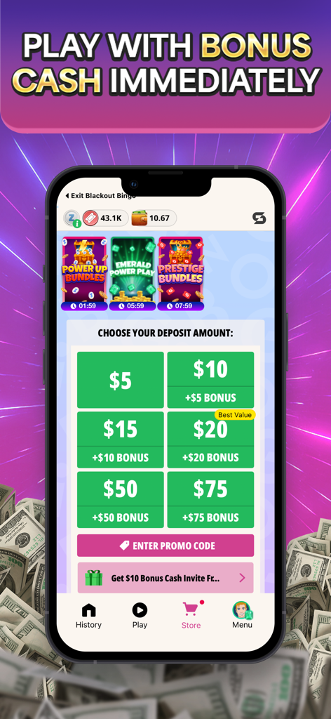 Skillz app store screen showing deposit options and bonus cash rewards