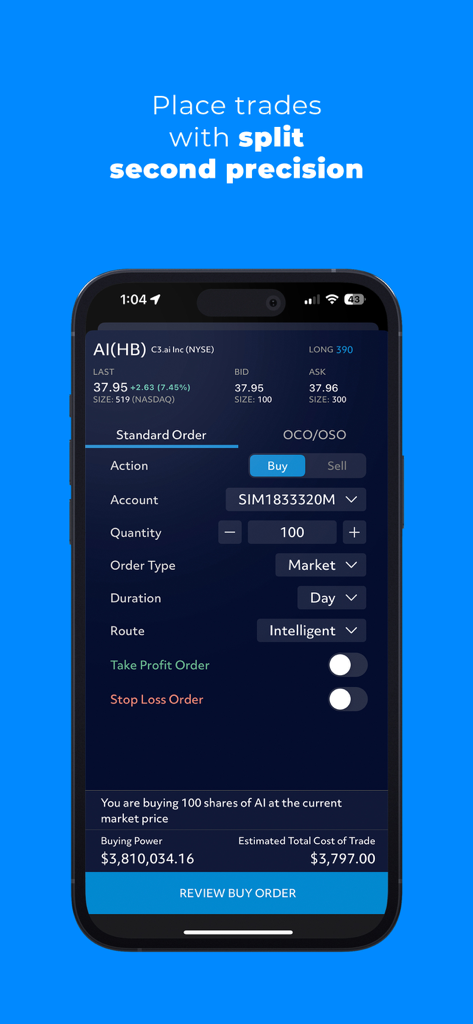 TradeStation - Trade & Invest - TradeStation mobile app interface showing a standard stock buy order for C3.ai Inc with precision execution settings.