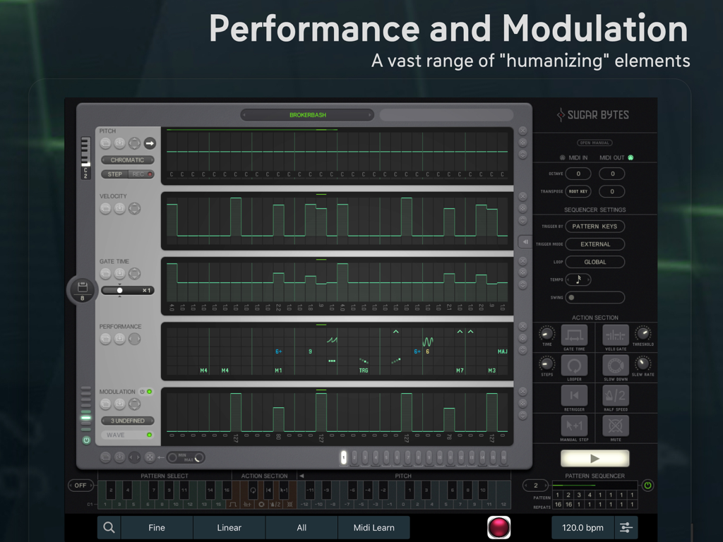 Interfaz del secuenciador por pasos MIDI Thesys mostrando carriles de rendimiento y modulación
