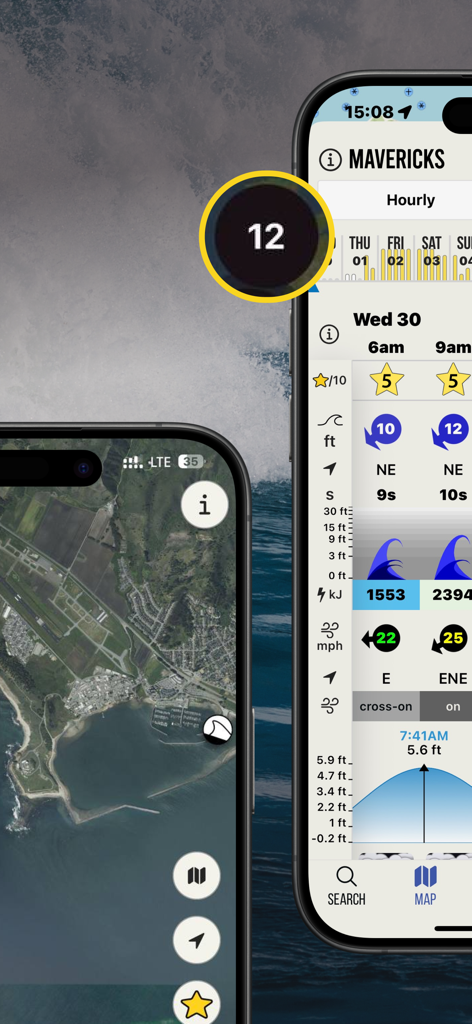Surf-Forecast.com - Surf-Forecast app interface showing detailed wave data and a satellite map of a surf spot