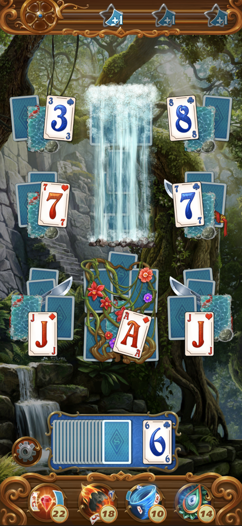 Magic Story Solitaire No wifi - Magic Story Solitaire gameplay showing a card layout in a magical forest with a waterfall background