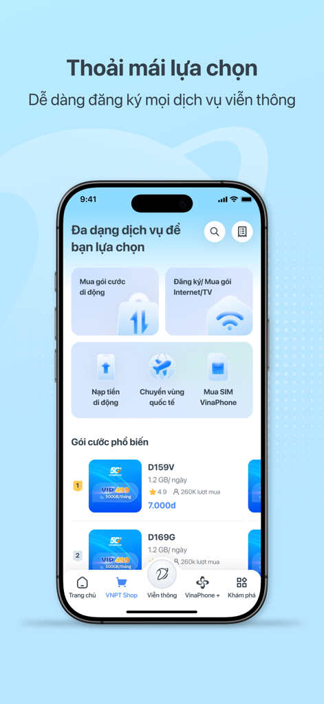 My VNPT - Dashboard of the My VNPT app displaying options for mobile plans internet and international roaming