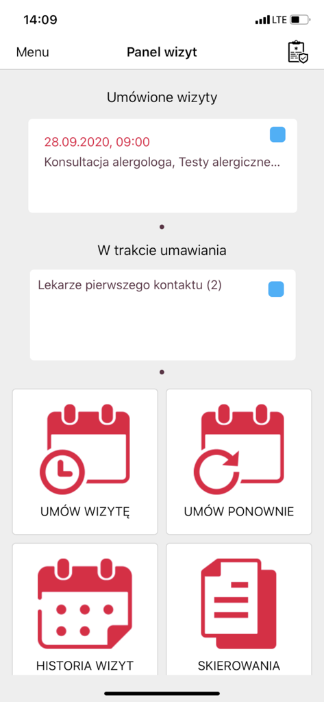SALTUS Zdrowie app interface showing medical visit panel with options for booking appointments and viewing referrals