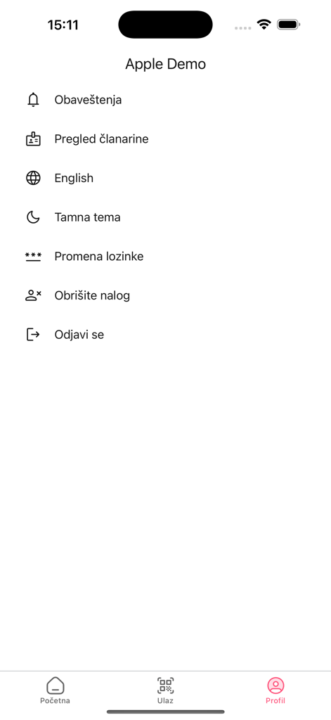 Menu delle impostazioni del profilo utente nell'app BeneFit+ che mostra le opzioni dell'account e dell'abbonamento.