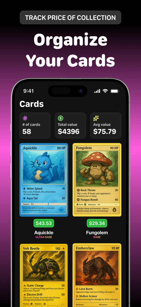 트레이딩 카드 컬렉션과 총 시장 가치 및 개별 카드 가격을 표시하는 모바일 앱 인터페이스.