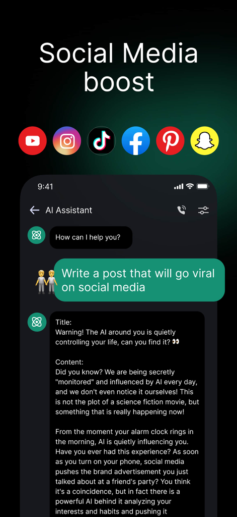 ChatGOAT AI -ChatBot Assistant - Una captura de pantalla de la aplicación ChatGOAT AI que muestra la generación de una publicación en redes sociales para plataformas como TikTok e Instagram.